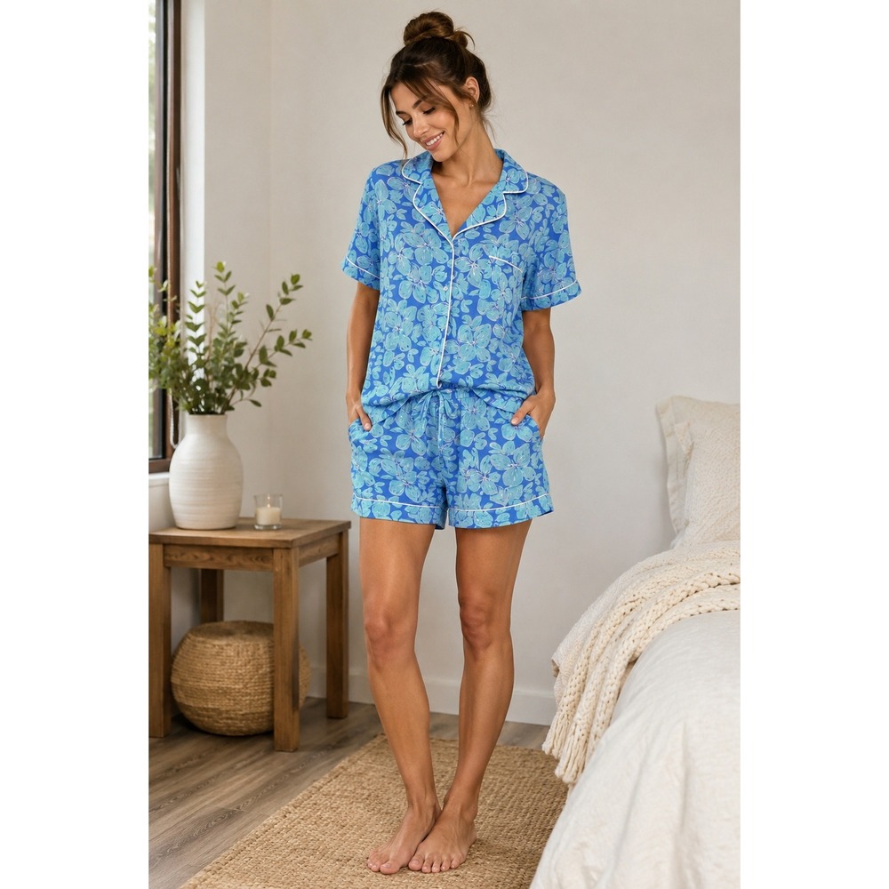 Lauren James Blue Floral Pajama Set Short Sleeve Button Down Shorts XXL 20-22